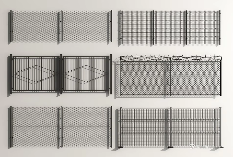 Various Types of Metal Fences with Grid Patterns Decorative Gates and Spiked Tops 3d model 