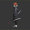 Game Movie Character With Red Hair Wearing Long Dark Coat Holding Sword Arms Outstretched