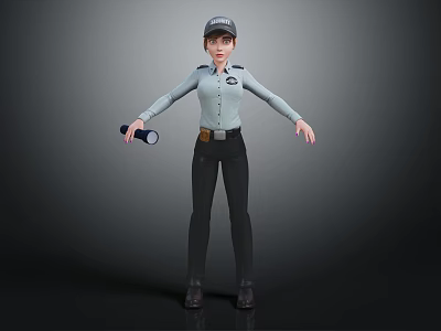 Standing Female Character Wearing Uniform and Hat Holding Flashlight in Left Hand Gray Background 3d model