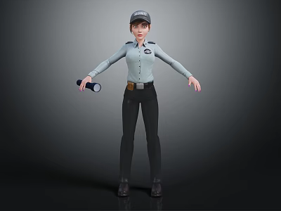 Standing Female Character Wearing Uniform and Hat Holding Flashlight in Left Hand Gray Background 3d model