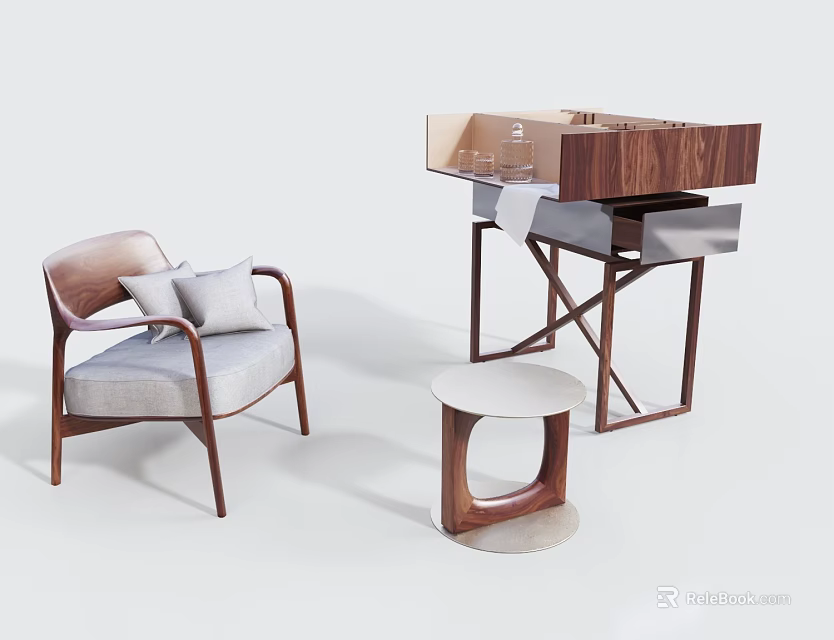 Contemporary Single Sofa With Light Gray Upholstery Wooden Legs And Round Marble Side Table 3d model 