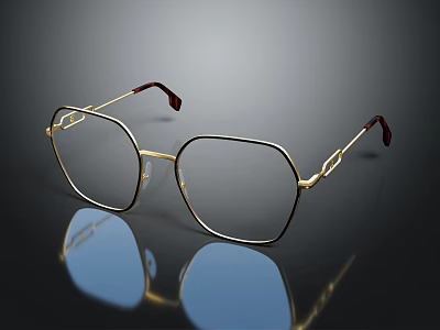 Luxury Gold Hexagonal Jewelry Glasses With Red Temples And Reflective Frames 3d model