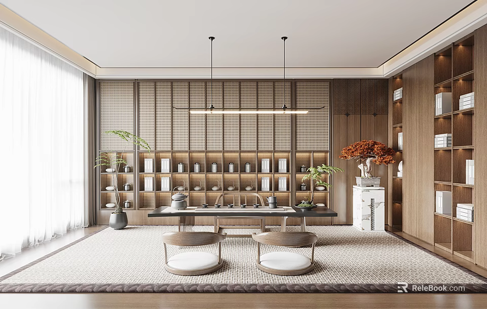 Elegant Traditional Tea Room Interior Design With Wooden Shelves Tea Sets Hanging Lights And Plants 3d model 