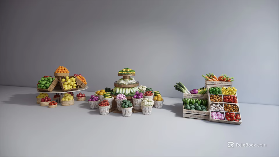 Commercial Equipment for Fruit Vegetable Display with Multi Tier Shelves and Storage Baskets 3d model 