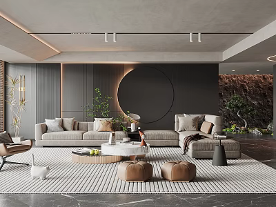 Modern Living Room Interior Design With L shaped Sofa Round Accent Wall And Green Plants 3d model