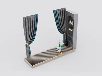 Gray And Blue Curtains With Tassels On Window Sill And Decorative Elements In Interior 3d model