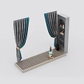Gray And Blue Curtains With Tassels On Window Sill And Decorative Elements In Interior