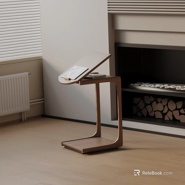 Wooden Modern Side Table With Papers In Indoor Living Room By Fireplace 3d model 