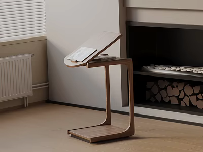 Wooden Modern Side Table With Papers In Indoor Living Room By Fireplace 3d model