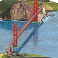 Red Suspension Bridge Spanning Coastal Water With Mountain Landscape And Aerial View