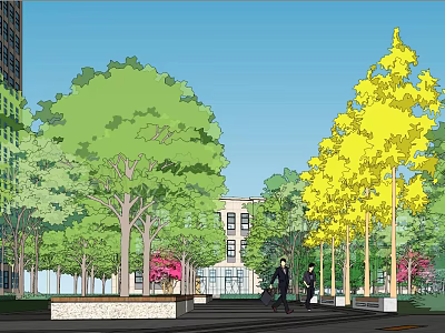 Pleasant Urban Park Scene With Green Yellow Trees People Walking Stone Bench And Building 3d model