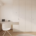 Kids Room Interior With White Cabinets Bed Gray White Bedding Round Rug And Potted Plant