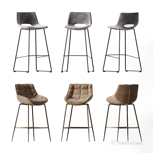 Modern Stylish Bar Stools With Gray Beige Upholstered Seats And Metal Legs 3d model 