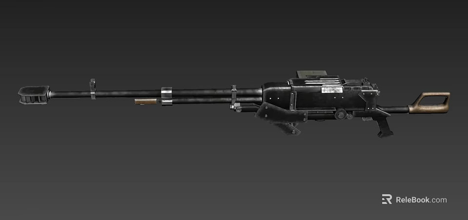 Black Heavy Duty Machine Gun With Long Barrel And Ammunition Components 3d model 