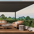 Modern Villa Balcony Outdoor Area With Wicker Furniture Wooden Floor And Lush Greenery View