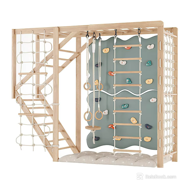 Wooden Indoor Playground Equipment With Climbing Wall Rope Ladder Rings And Safety Mat 3d model 