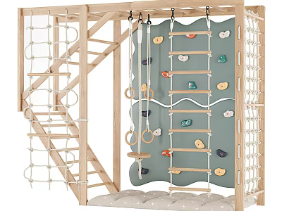 Wooden Indoor Playground Equipment With Climbing Wall Rope Ladder Rings And Safety Mat 3d model