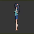 3D Female Game and Movie Character With Blue Ponytail Blue White Vest Skirt