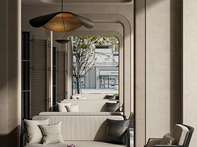 Elegant Modern Hotel Public Lounge Area With Cozy Sofa Pillows Pendant Light And Outdoor View 3d model