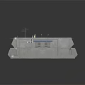 Gray Concrete Industrial Factory Building Exterior With Roof Equipment Blue Orange Awnings And Entrance Stairs