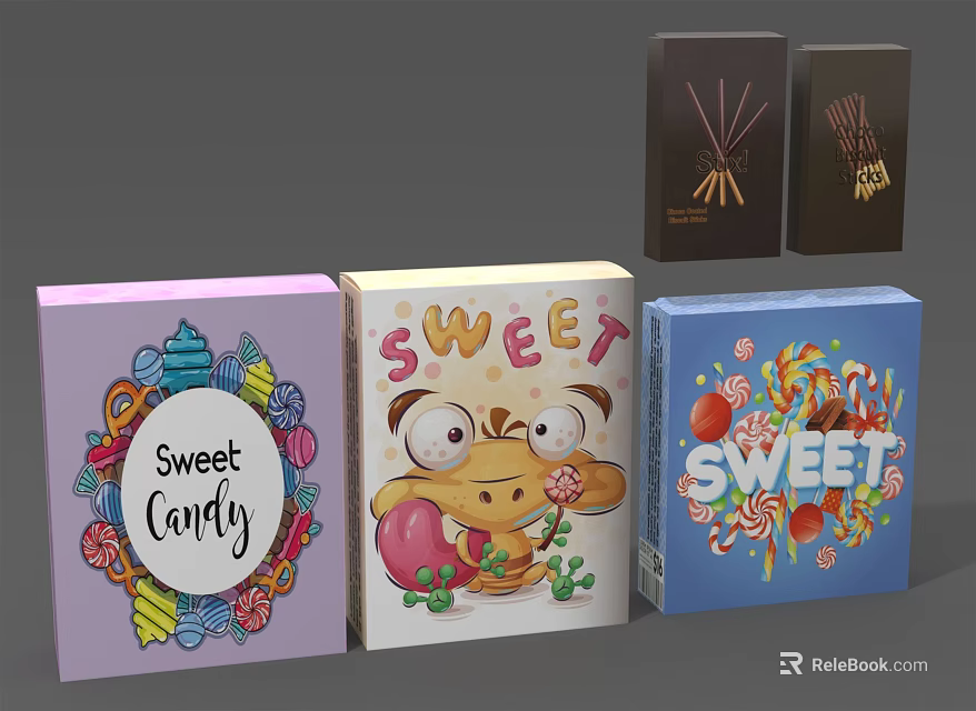 Colorful Decorative Ornament Set With Cartoon Designs Sweet Text And Candy Themed Boxes 3d model 