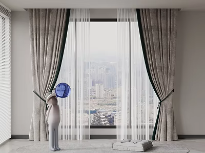 Elegant Floor to Ceiling Window Curtains with Sheer Layer and City View 3d model