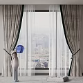 Elegant Floor to Ceiling Window Curtains with Sheer Layer and City View 3d model