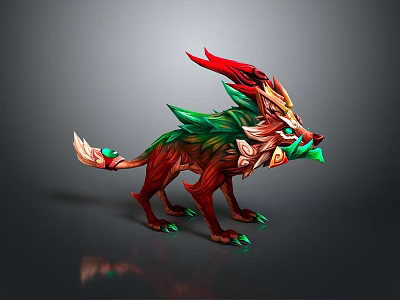 Vibrant Red And Green Fantasy Beast With Intricate Horns Mane And Gemstone Accents 3d model