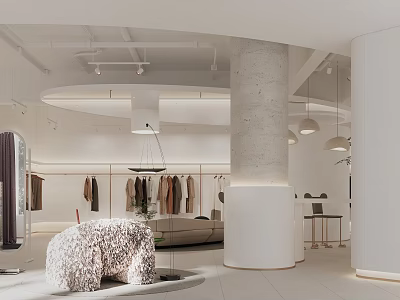 Modern Clothing Store Interior With Hanging Clothes White Columns And Decorative Sculpture 3d model
