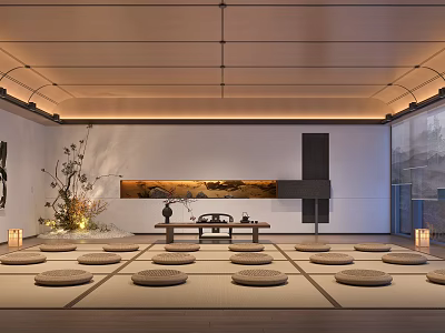 Zen Club Interior With Circular Cushions Tatami Flooring Wall Art Greenery Candles And Natural View 3d model