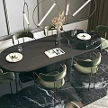 Modern Round Dining Table Set With Green Chairs Circular Pendant Lights And Herringbone Floor 3d model