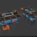 Industrial Equipment Featuring Blue Storage Tanks Yellow Railings And Metal Platform Structures