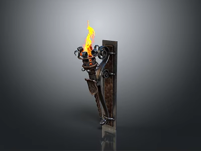 Wall Mounted Flaming Torch With Decorative Metal Design And Fire Flames 3d model