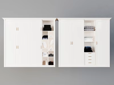 Modern White Wardrobe Interior Design With Metal Handles Shelves Drawers And Folded Clothes 3d model