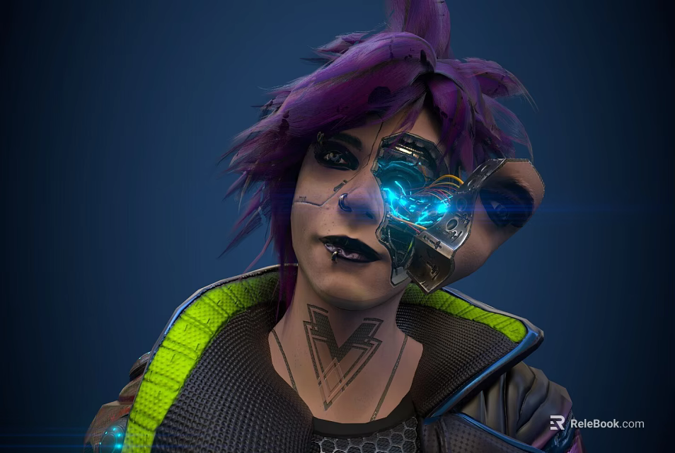 Cyberpunk Female Character With Purple Hair Mechanical Eye Chest Tattoo And Neon Glow 3d model 
