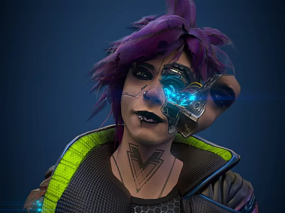 Cyberpunk Female Character With Purple Hair Mechanical Eye Chest Tattoo And Neon Glow 3d model