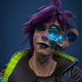 Cyberpunk Female Character With Purple Hair Mechanical Eye Chest Tattoo And Neon Glow