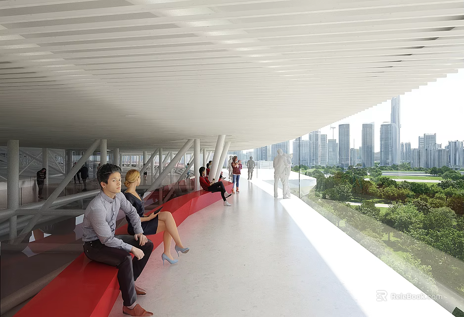 Modern Architectural Corridor With Red Benches People Resting And City Park View 3d model 