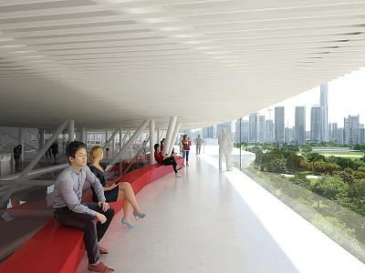 Modern Architectural Corridor With Red Benches People Resting And City Park View 3d model