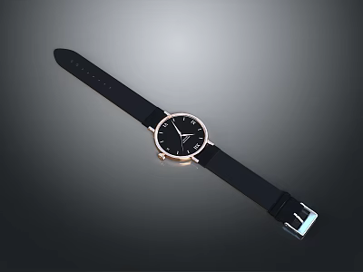 Stylish Black Leather Watch With Black Dial And Gold Accents Comfortable Strap And Metal Buckle 3d model