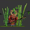 Man Wearing Traditional Samurai Costume With Helmet Holding Sword Near Bamboo On Green Grass