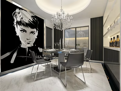 Modern Restaurant Interior Featuring Black And White Portrait Chandelier Dining Table And Chairs 3d model