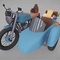 Blue Motorcycle With Sidecar Brown Seats Yellow Cloth And Luggage Packages