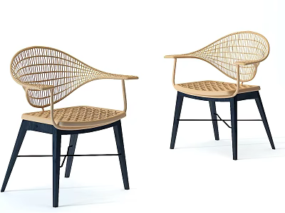 Modern Woven Rattan Leisure Chair With Light Brown Finish Black Frame And Armrests 3d model