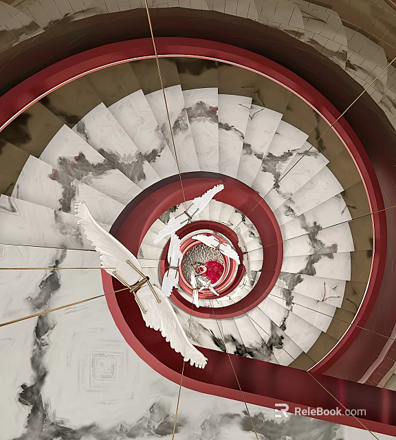 Stunning Spiral Staircase Design With Marble Steps Red Railing And White Wing Accents 3d model 