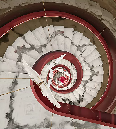 Stunning Spiral Staircase Design With Marble Steps Red Railing And White Wing Accents 3d model