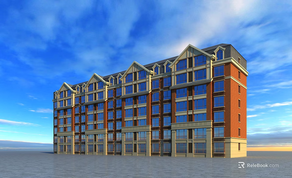 Modern Multi Storey Residential Building With Red Brick Exterior And Large Glass Windows 3d model 
