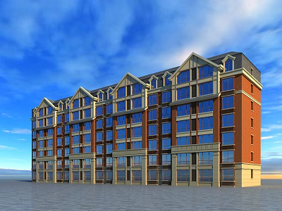 Modern Multi Storey Residential Building With Red Brick Exterior And Large Glass Windows 3d model