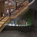 Chinese Style Restaurant Interior With Red Paper Cut Decor Gray Brick Walls And Wooden Tables