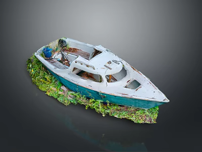 Detailed Decorative Model Boat With White And Blue Hull On Green Grass Dark Background 3d model